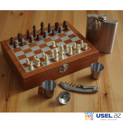 Gift set: Wooden chess set with 8 ounces, stainless steel flask, 2 shot glasses and corkscrew